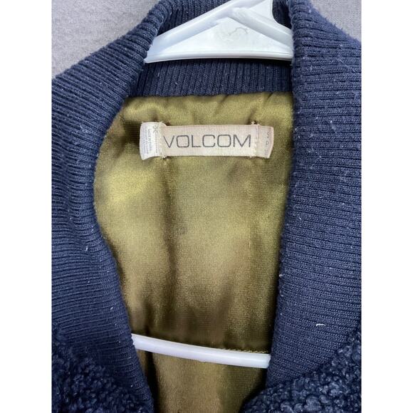 Volcom VTG Teddy Bomber Jacket S Navy Blue Lined Warm Zip Pockets Sherpa Fleece - Picture 2 of 7
